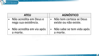 ATEU AGNÓSTICO
• Não acredita em Deus e
nega sua existência.
• Não acredita em via após
a morte.
• Não tem certeza se Deus
existe ou não existe.
• Não sabe se tem vida após
a morte.
18
 