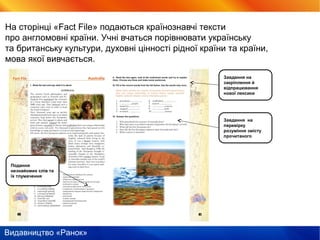 Видавництво «Ранок»
На сторінці «Fact File» подаються країнознавчі тексти
про англомовні країни. Учні вчаться порівнювати українську
та британську культури, духовні цінності рідної країни та країни,
мова якої вивчається.
Подання
незнайомих слів та
їх тлумачення
Завдання на
закріплення й
відпрацювання
нової лексики
Завдання на
перевірку
розуміння змісту
прочитаного
 