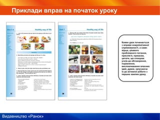 Видавництво «Ранок»
Кожен урок починається
з вправи комунікативної
спрямованості, а саме:
вірша, цікавого
проблемного питання,
прислів’я, приказки,
цитати, що спонукає
учнів до обговорення,
порівняння,
висловлювання власних
ідей, думок, залучаючи
іх до активної роботи з
перших хвилин уроку
Приклади вправ на початок уроку
 