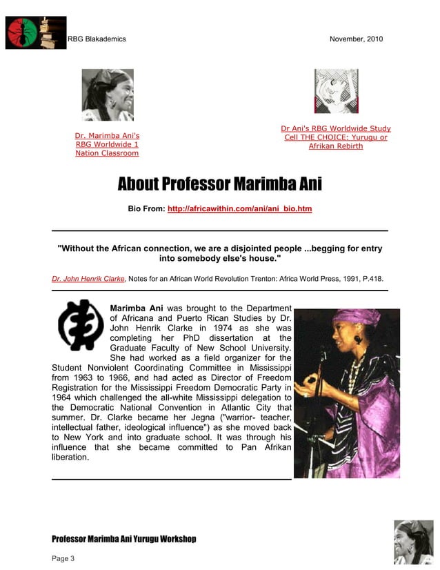 RBGz Professor Marimba Ani Yurugu and Tutorial