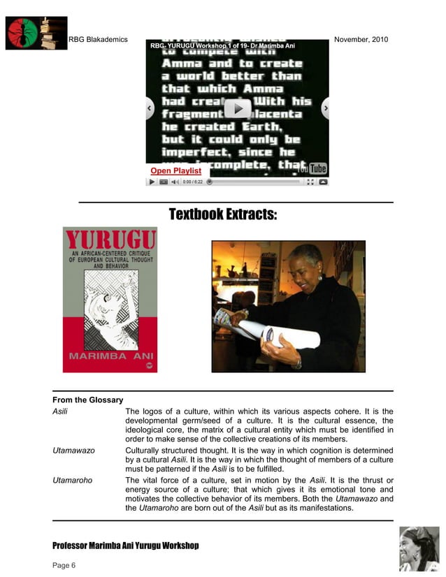 RBGz Professor Marimba Ani Yurugu and Tutorial