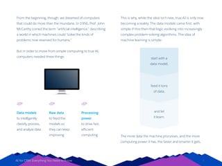 AI for CRM: Everything You Need to Know
From the beginning, though, we dreamed of computers
that could do more than the mundane. In 1956, Prof. John
McCarthy coined the term “artificial intelligence,” describing
a world in which machines could “solve the kinds of
problems now reserved for humans.”
But in order to move from simple computing to true AI,
computers needed three things:
8
This is why, while the idea isn’t new, true AI is only now
becoming a reality. The data models came first, with
simple if-this-then-that logic evolving into increasingly
complex problem-solving algorithms. The idea of
machine learning is simple:
Data models
to intelligently
classify, process,
and analyze data
Raw data
to feed the
models so
they can keep
improving
Processing
power
to drive fast,
efficient
computing The more data the machine processes, and the more
computing power it has, the faster and smarter it gets.
start with a
data model,
feed it tons
of data,
and let
it learn.
 