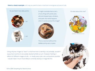 It might conclude that a cat is
a furry thing with pointy ears,
almond-shaped eyes, whiskers,
and paws. But what happens
when it comes across this image?
This is a cat, but without the
telltale pointy ears or paws.
Or what about this one?
= cat
JStone / Shutterstock.com
= cat
catwalker / Shutterstock.com
Using only two images to “teach” a machine how to identify a cat probably wouldn’t
equip that machine to accurately classify Garfield as such. However, feeding it
billions of different images of cats — in nearly every color, size, and position possible
— would make it much more likely to correctly classify an image like this:
Here’s a classic example. Let’s say you want to train a machine to recognize pictures of cats.
So you feed it two data points:
AI for CRM: Everything You Need to Know 9
 