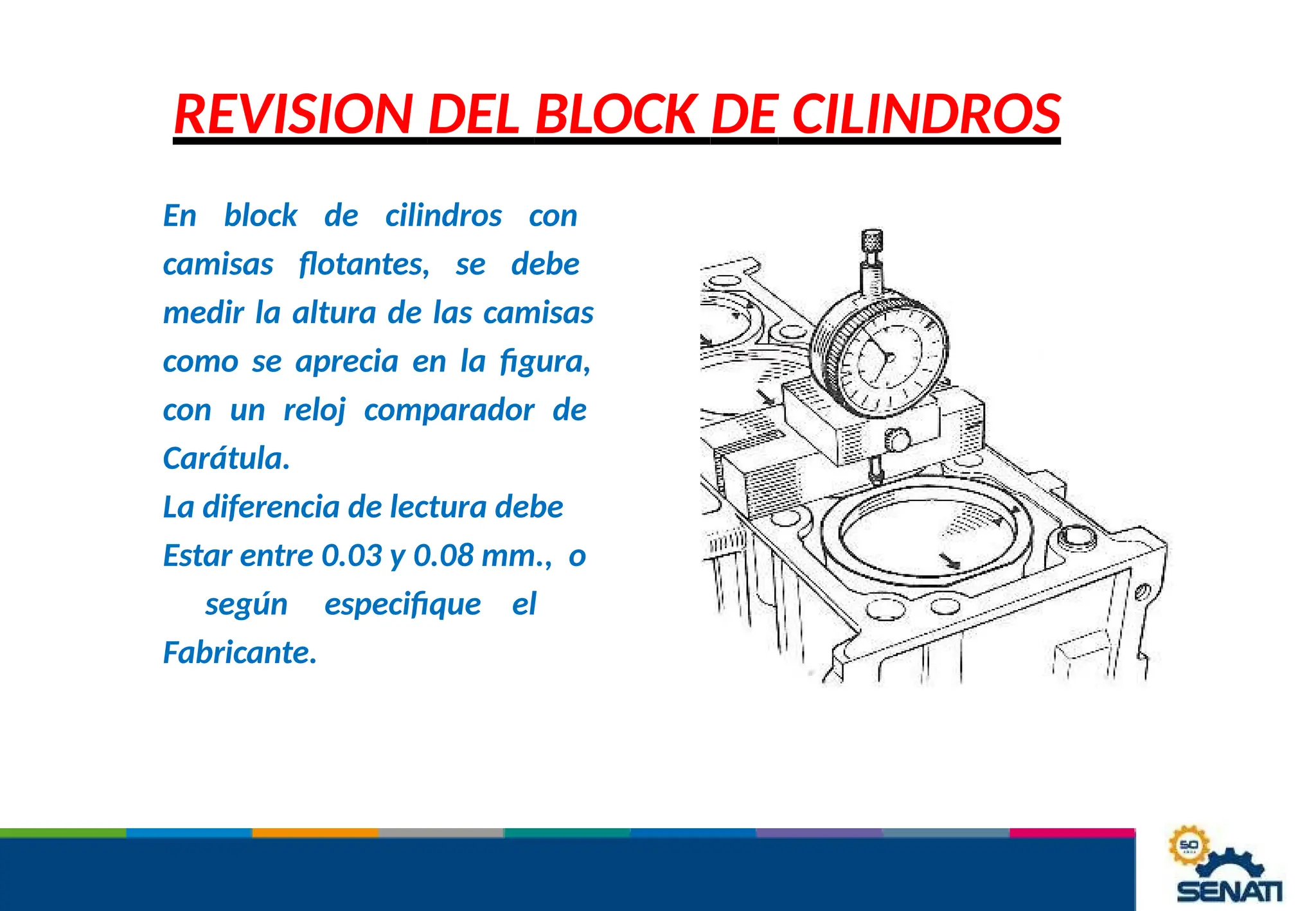 REVISION DEL BLOCK DE CILINDROS
En block de cilindros con
camisas flotantes, se debe
medir la altura de las camisas
como se aprecia en la figura,
con un reloj comparador de
Carátula.
La diferencia de lectura debe
Estar entre 0.03 y 0.08 mm., o
según especifique el
Fabricante.
 