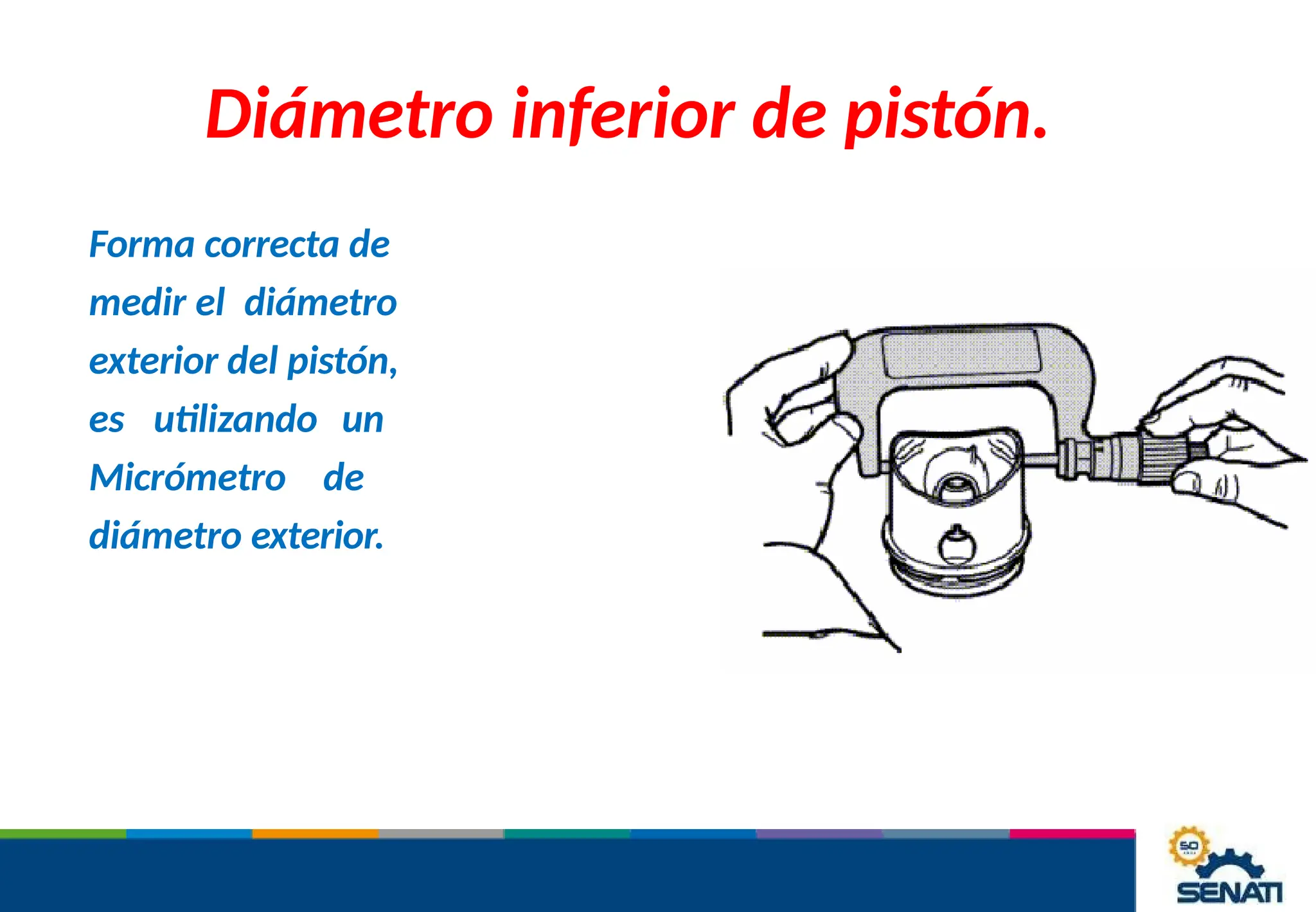 Diámetro inferior de pistón.
Forma correcta de
medir el diámetro
exterior del pistón,
es utilizando un
Micrómetro de
diámetro exterior.
 