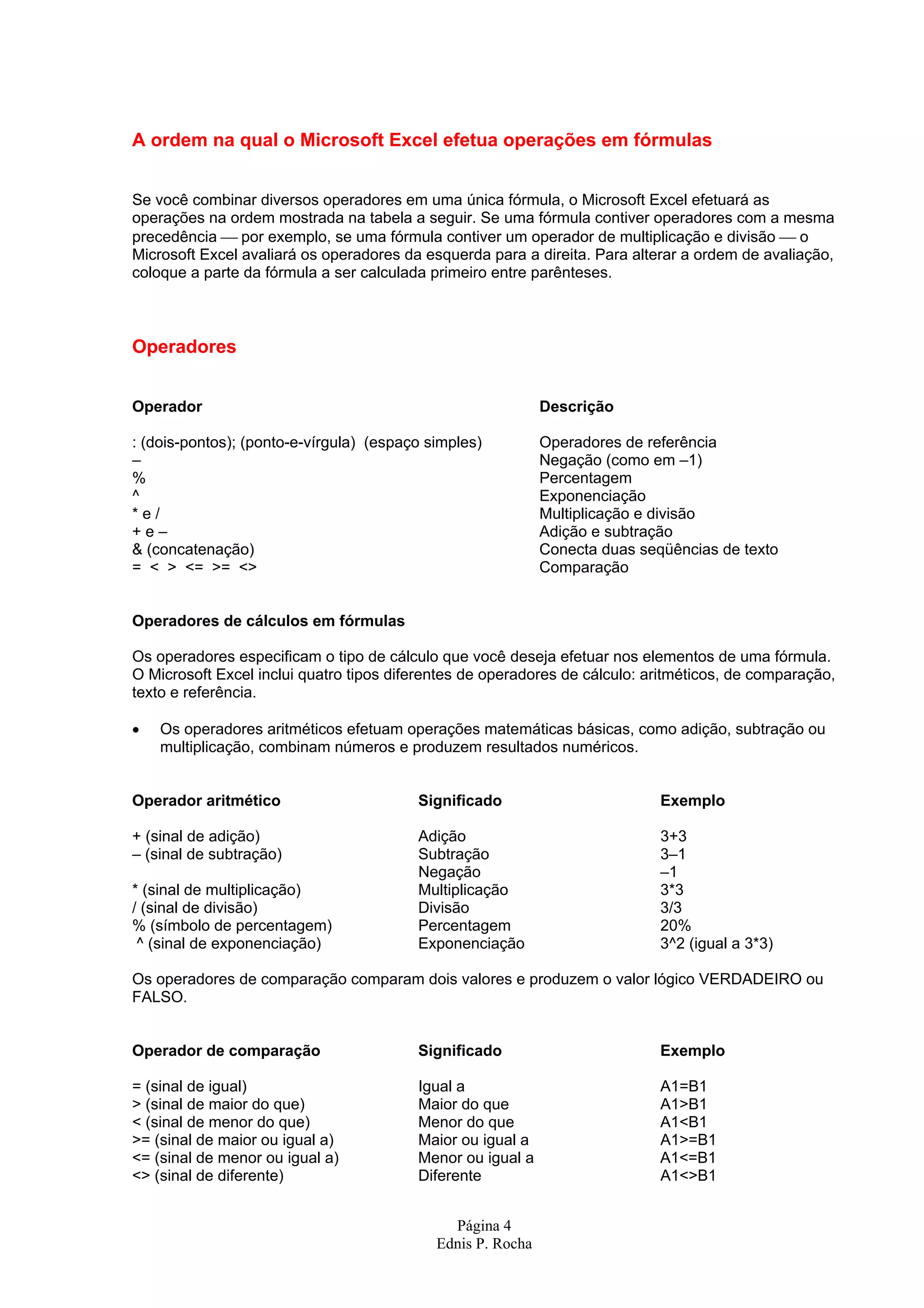 Página 4 Ednis P. Rocha A ordem na qual o Microsoft Excel efetua operações em fórmulas Se você combinar diversos operadores em uma única fórmula, o Microsoft Excel efetuará as operações na ordem mostrada na tabela a seguir. Se uma fórmula contiver operadores com a mesma precedência  por exemplo, se uma fórmula contiver um operador de multiplicação e divisão  o Microsoft Excel avaliará os operadores da esquerda para a direita. Para alterar a ordem de avaliação, coloque a parte da fórmula a ser calculada primeiro entre parênteses. Operadores Operador Descrição : (dois-pontos); (ponto-e-vírgula) (espaço simples) Operadores de referência – Negação (como em –1) % Percentagem ^ Exponenciação * e / Multiplicação e divisão + e – Adição e subtração & (concatenação) Conecta duas seqüências de texto = < > <= >= <> Comparação Operadores de cálculos em fórmulas Os operadores especificam o tipo de cálculo que você deseja efetuar nos elementos de uma fórmula. O Microsoft Excel inclui quatro tipos diferentes de operadores de cálculo: aritméticos, de comparação, texto e referência. • Os operadores aritméticos efetuam operações matemáticas básicas, como adição, subtração ou multiplicação, combinam números e produzem resultados numéricos. Operador aritmético Significado Exemplo + (sinal de adição) Adição 3+3 – (sinal de subtração) Subtração 3–1 Negação –1 * (sinal de multiplicação) Multiplicação 3*3 / (sinal de divisão) Divisão 3/3 % (símbolo de percentagem) Percentagem 20% ^ (sinal de exponenciação) Exponenciação 3^2 (igual a 3*3) Os operadores de comparação comparam dois valores e produzem o valor lógico VERDADEIRO ou FALSO. Operador de comparação Significado Exemplo = (sinal de igual) Igual a A1=B1 > (sinal de maior do que) Maior do que A1>B1 < (sinal de menor do que) Menor do que A1<B1 >= (sinal de maior ou igual a) Maior ou igual a A1>=B1 <= (sinal de menor ou igual a) Menor ou igual a A1<=B1 <> (sinal de diferente) Diferente A1<>B1 