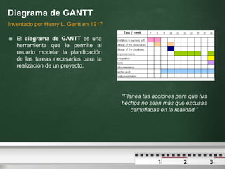 Diagrama de GANTT
 El diagrama de GANTT es una
herramienta que le permite al
usuario modelar la planificación
de las tareas necesarias para la
realización de un proyecto.
Inventado por Henry L. Gantt en 1917
“Planea tus acciones para que tus
hechos no sean más que excusas
camufladas en la realidad.”
 