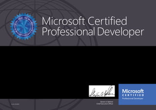 Steven A. Ballmer
Chief Executive Officer
Microsoft Certified
Professional Developer
Part No. X18-83693
HATEM MOHAMED ABDELMOHSEN HASSEN
Has successfully completed the requirements to be recognized as a Microsoft® Certified Professional
Developer: SharePoint Developer 2010.
Date of achievement: 03/29/2014
Certification number: E765-6311
 