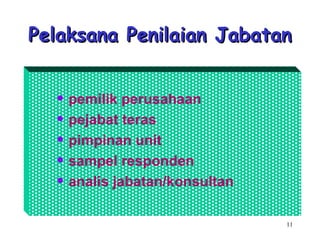 11
Pelaksana Penilaian JabatanPelaksana Penilaian Jabatan
• pemilik perusahaan
• pejabat teras
• pimpinan unit
• sampel responden
• analis jabatan/konsultan
 