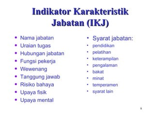 8
Indikator KarakteristikIndikator Karakteristik
Jabatan (IKJ)Jabatan (IKJ)
• Nama jabatan
• Uraian tugas
• Hubungan jabatan
• Fungsi pekerja
• Wewenang
• Tanggung jawab
• Risiko bahaya
• Upaya fisik
• Upaya mental
• Syarat jabatan:
• pendidikan
• pelatihan
• keterampilan
• pengalaman
• bakat
• minat
• temperamen
• syarat lain
 
