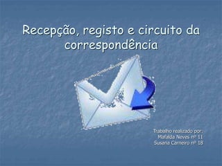 Recepção, registo e circuito da
correspondência
Trabalho realizado por:
Mafalda Neves nº 11
Susana Carneiro nº 18
 