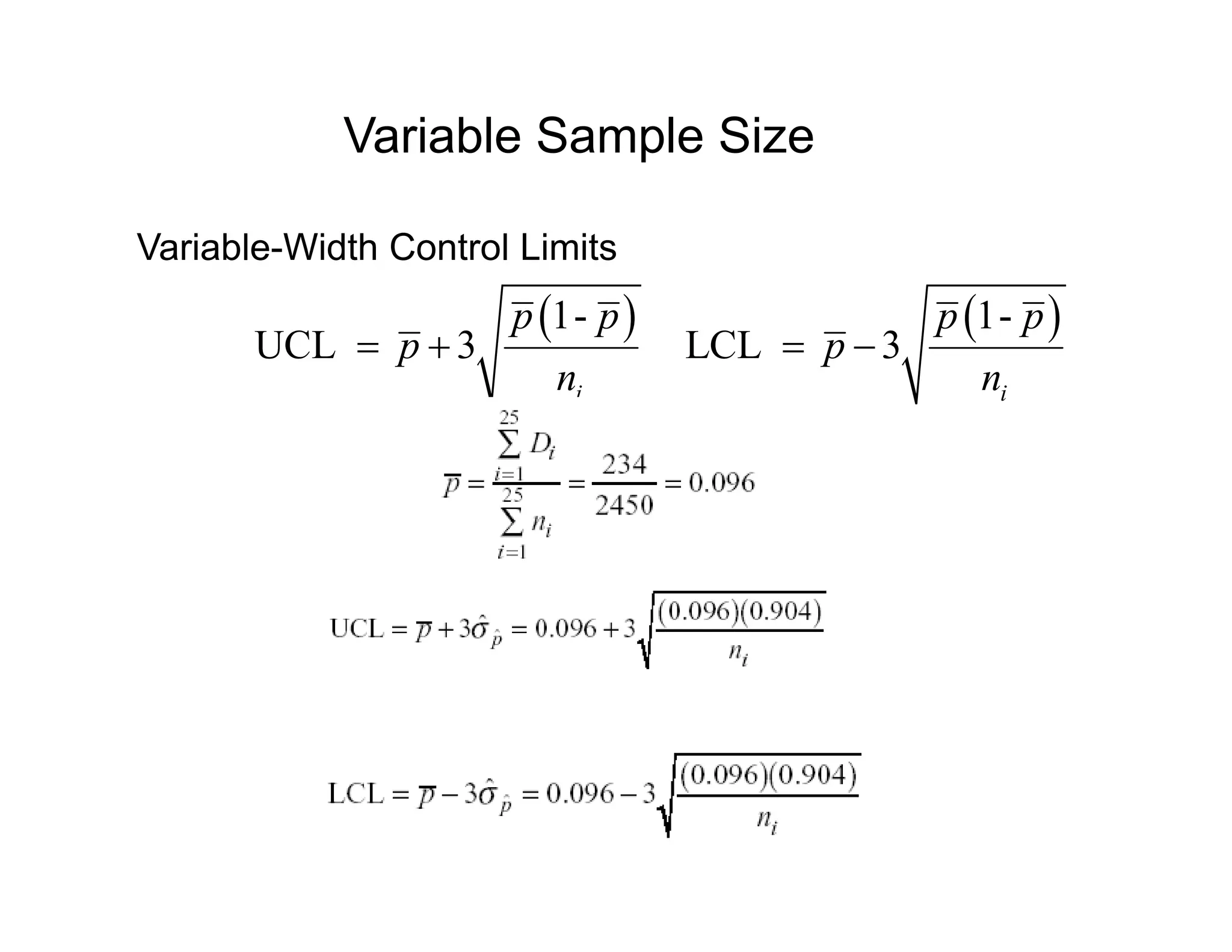 Variable Sample Size
Variable-Width Control Limits
( ) ( )( ) ( )1- 1-
UCL 3 LCL 3
i i
p p p p
p p
n n
= + = −
 