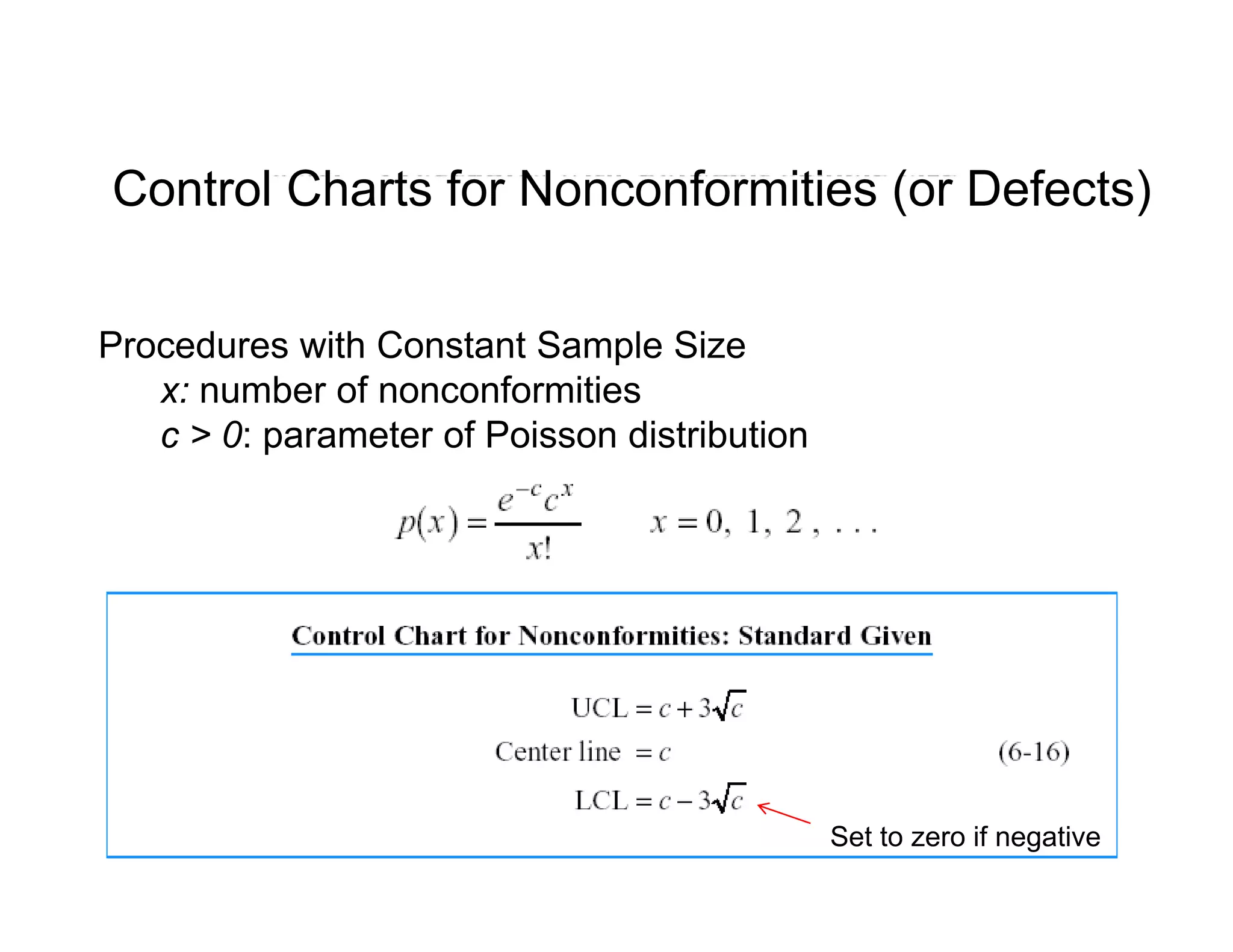 C t l Ch t f N f iti ( D f t )Control Charts for Nonconformities (or Defects)
Procedures with Constant Sample Size
x: number of nonconformities
c > 0: parameter of Poisson distribution
Set to zero if negative
 