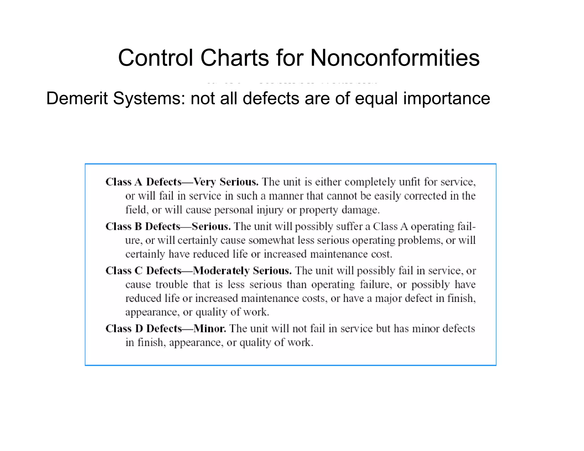 Control Charts for Nonconformities
Demerit Systems: not all defects are of equal importance
 