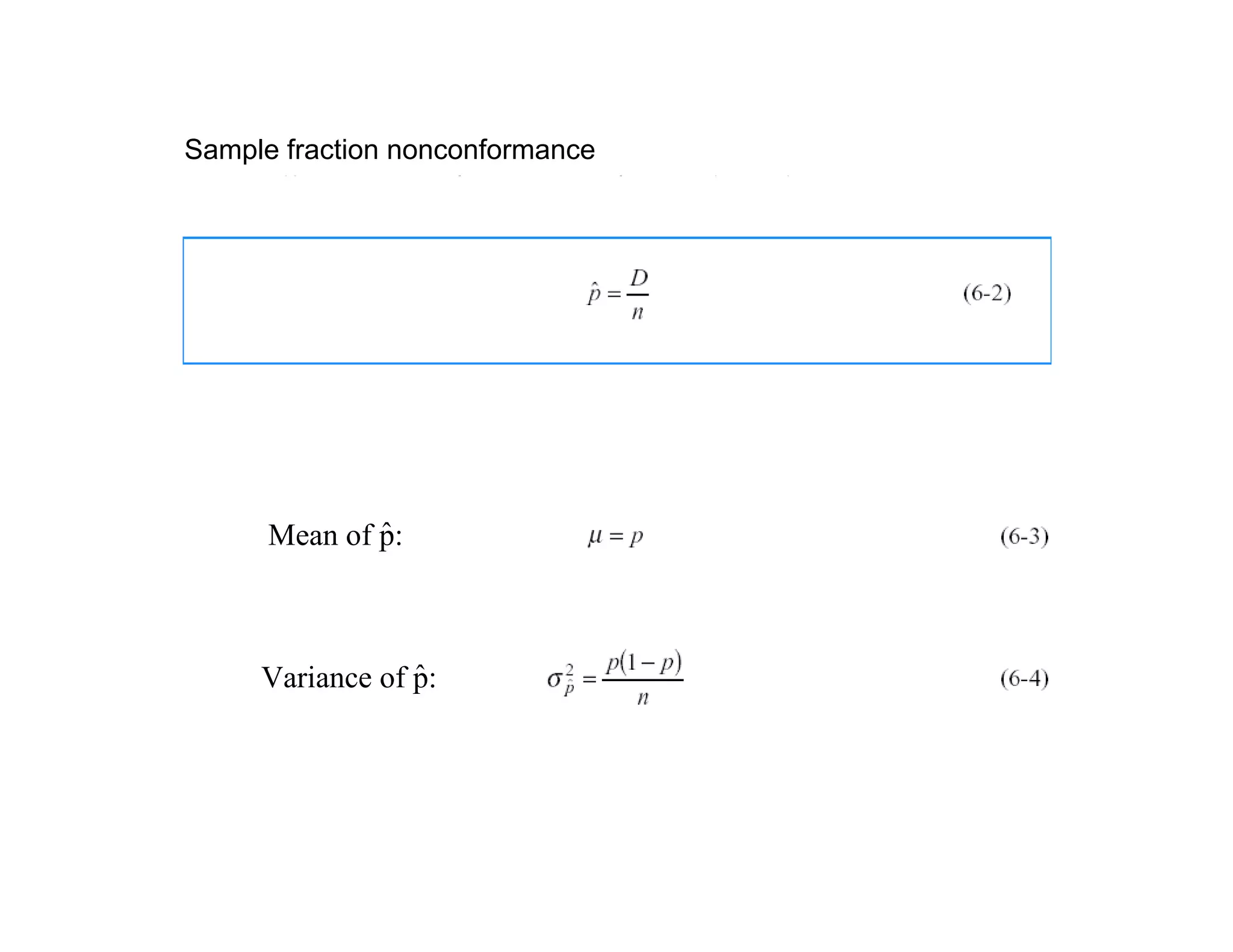 Sample fraction nonconformance
ˆMean of p:Mean of p:
ˆVariance of p:
 