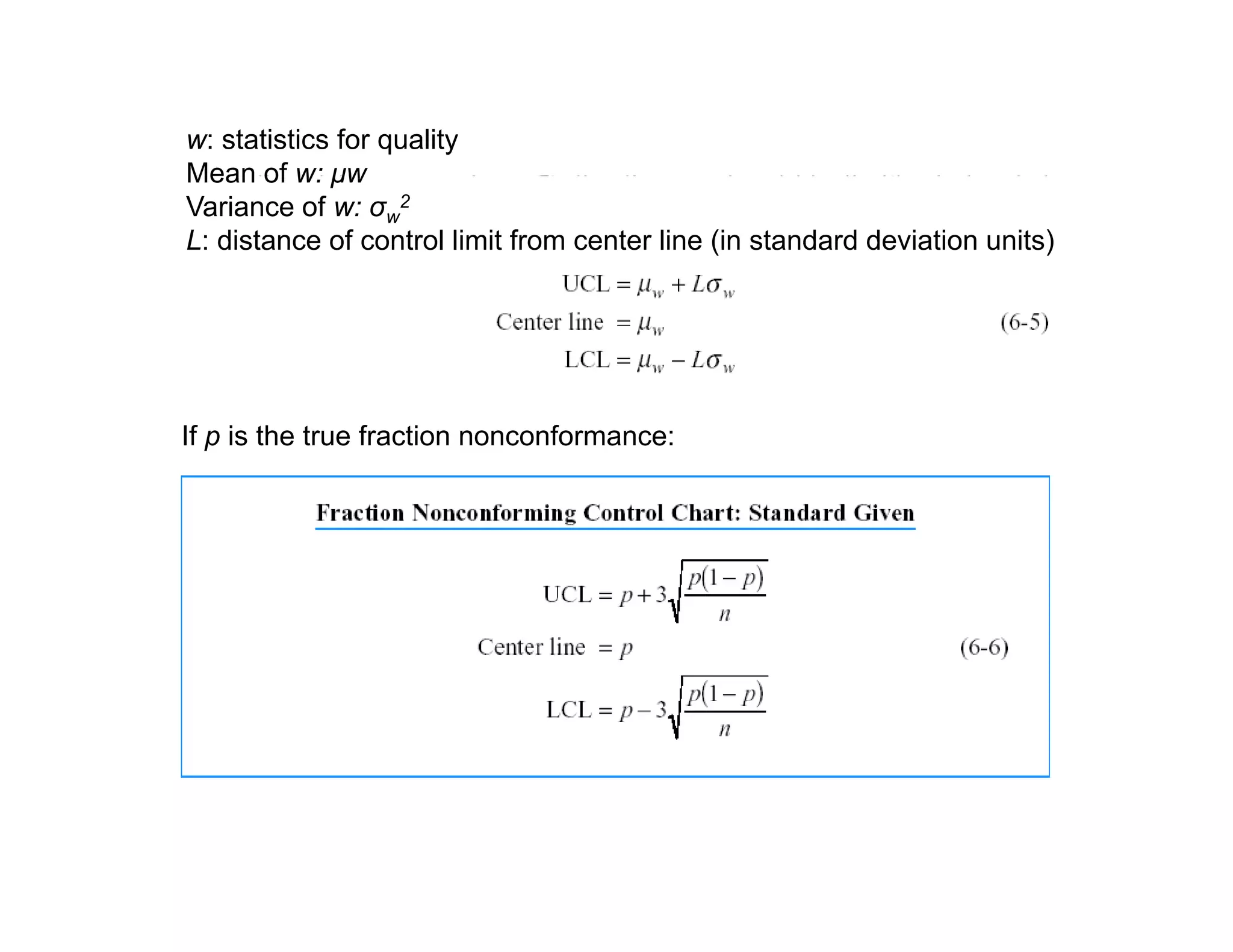 w: statistics for quality
Mean of w: µwMean of w: µw
Variance of w: σw
2
L: distance of control limit from center line (in standard deviation units)
If p is the true fraction nonconformance:
 