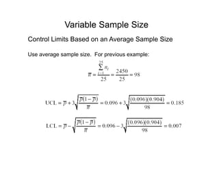 Variable Sample Size
Control Limits Based on an Average Sample Size
U l i F i lUse average sample size. For previous example:
 