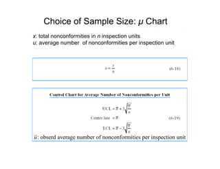 Choice of Sample Size: µ Chart
x: total nonconformities in n inspection units
u: average number of nonconformities per inspection unit
: obserd average number of nonconformities per inspection unitu: obserd average number of nonconformities per inspection unitu
 