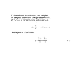 If p is not know, we estimate it from samples.
m: samples, each with n units (or observations)
D: number of nonconforming units in sample iDi: number of nonconforming units in sample i
Average of all observations:
 