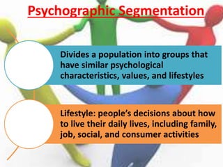 Psychographic Segmentation
Divides a population into groups that
have similar psychological
characteristics, values, and lifestyles
Lifestyle: peopleâs decisions about how
to live their daily lives, including family,
job, social, and consumer activities