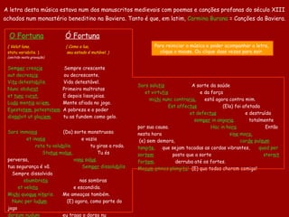 A letra desta música estava num dos manuscritos medievais com poemas e canções profanas do século XIII
achados num monastério beneditino na Baviera. Tanto é que, em latim, Carmina Burana = Canções da Baviera.


  O Fortuna                   Ó Fortuna
 ( Velut luna,                ( Como a lua,                          Para reiniciar a música e poder acompanhar a letra,
 statu variabilis. )           seu estado é mutável. )                 clique o mouse. Ou clique duas vezes para sair.
 (omitido nesta gravação)  


 Semper crescis             Sempre crescente  
 aut decrescis             ou decrescente.
 Vita detestabilis.        Vida detestável.
                                                             Sors salutis             A sorte da saúde
 Nunc obdurat              Primeiro maltratas 
                                                                 et virtutis              e da força
 et tunc curat.            E depois lisonjeias. 
                                                                   michi nunc contraria.     está agora contra mim.
 Ludo mentis aciem.        Mente afiada no jogo. 
                                                                            Est affectus               (Ela) foi afetada
 Egestatem, potestatem  A pobreza e o poder 
                                                                                     et defectus                   e destruída
 dissolvit ut glaciem.     tu as fundem como gelo.
                                                                                       semper in angaria.             totalmente
                                                             por sua causa.                       Hac in hora                Então
 Sors immanis              (Da) sorte monstruosa             nesta hora                                   sine mora,  
          et inanis                   e vazia                 (e) sem demora,                                   corde pulsum
              rota tu volubilis.          tu giras a roda.   tangite,   que sejam tocadas as cordas vibrantes,            quod per
                  Status malus,               Tu és          sortem           posto que a sorte                             sternit
 perversa,                        vana salus.                fortem.           derruba até os fortes.
 tua segurança é vã.                  Semper dissolubilis    Mecum omnes plangite! (E) que todos chorem comigo!
   Sempre dissolvida
         obumbrata                   nas sombras
      et velata.                  e escondida.
 Michi quoque niteris.     Me ameaças também.
   Nunc per ludum            (E) agora, como parte do
 jogo
 dorsum nudum              eu trago o dorso nu
 