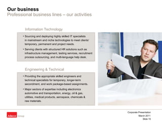 Our business Professional business lines – our activities Sourcing and deploying highly skilled IT specialists in mainstream and niche technologies to meet clients‘ temporary, permanent and project needs. Serving clients with structured HR solutions such as infrastructure management, testing services, recruitment process outsourcing, and multi-language help desk. Providing the appropriate skilled engineers and  technical specialists for temporary, longer-term secondment, and work package-based assignments. Major sectors of expertise including electronics  automotive and transportation,  energy, oil & gas,  utilities,  medical products, aerospace, chemicals &  raw materials. Engineering & Technical Information Technology 