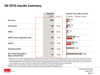 Q4 2010 results summary 1)  Adjusted is a non US GAAP measure excluding in Q4 2009, for better comparison, the French business tax of EUR 15 million in costs of services and EUR 1 million in SG&A as those business tax components are shown as income tax as of 2010. It also excludes in Q4 2009 the positive impact on gross profit of EUR 14 million due to favorable developments in France resulting in the reassessment of existing accruals and the negative impact of EUR 7 million on gross profit due to a sales tax accrual in the UK related to  prior years, as well as the negative impact on SG&A of EUR 30 million associated with restructuring costs. 2) Organic growth is a non US GAAP measure and excludes the impact of currency, acquisitions and divestures. 3) EBITA is a non US GAAP measure and refers to operating income before amortisation of intangible assets. Reported  Adjusted 1)  organic 2) 