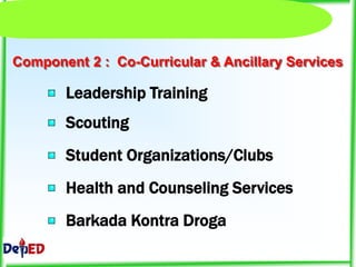 Click to edit Master title style
• Click to edit Master text styles
• Second level
• Third level
• Fourth level
• Fifth level
11
Leadership Training
Scouting
Student Organizations/Clubs
Health and Counseling Services
Component 2 : Co-Curricular & Ancillary Services
Barkada Kontra Droga
 
