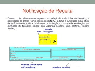 • Deverá conter, devidamente impressa no rodapé de cada folha do talonário, a
identificação da gráfica (nome, endereço e C.N.P.J./ C.G.C), a numeração inicial e final
da notificação concedida ao profissional ou instituição e o numero da autorização para
confecção de talonários emitida pela Vigilância Sanitária local, conforme Portaria
344/98;
Notificação de Receita
 