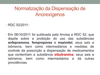 Normatização da Dispensação de
Anorexígenos
• RDC 52/2011:
• Em 06/10/2011 foi publicada pela Anvisa a RDC 52, que
dispõe sobre a proibição do uso das substâncias
anfepramona, femproporex e mazindol, seus sais e
isômeros, bem como intermediários e medidas de
controle da prescrição e dispensação de medicamentos
que contenham a substância sibutramina, seus sais e
isômeros, bem como intermediários e dá outras
providências.
 
