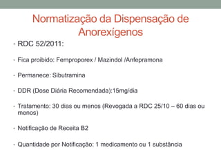 Normatização da Dispensação de
Anorexígenos
• RDC 52/2011:
• Fica proibido: Femproporex / Mazindol /Anfepramona
• Permanece: Sibutramina
• DDR (Dose Diária Recomendada):15mg/dia
• Tratamento: 30 dias ou menos (Revogada a RDC 25/10 – 60 dias ou
menos)
• Notificação de Receita B2
• Quantidade por Notificação: 1 medicamento ou 1 substância
 