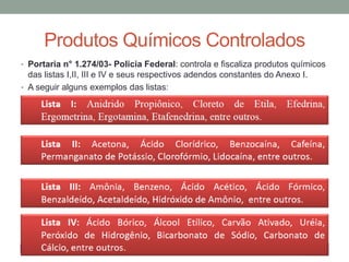 • Portaria n° 1.274/03- Policia Federal: controla e fiscaliza produtos químicos
das listas I,II, III e IV e seus respectivos adendos constantes do Anexo I.
• A seguir alguns exemplos das listas:
Produtos Químicos Controlados
 