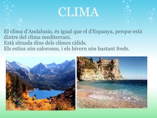 CLIMA El clima d'Andalusia, és igual que el d'Espanya, perquè està dintre del clima mediterrani. Està situada dins dels climes càlids.   Els estius són calorosos, i els hivern són bastant freds.  