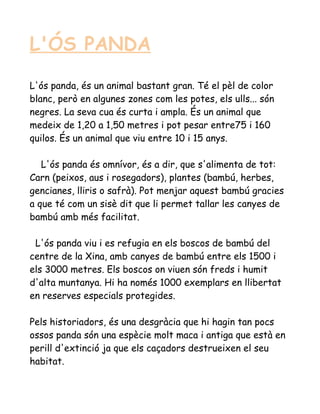 L'ÓS PANDA

L'ós panda, és un animal bastant gran. Té el pèl de color
blanc, però en algunes zones com les potes, els ulls... són
negres. La seva cua és curta i ampla. És un animal que
medeix de 1,20 a 1,50 metres i pot pesar entre75 i 160
quilos. És un animal que viu entre 10 i 15 anys.

   L'ós panda és omnívor, és a dir, que s'alimenta de tot:
Carn (peixos, aus i rosegadors), plantes (bambú, herbes,
gencianes, lliris o safrà). Pot menjar aquest bambú gracies
a que té com un sisè dit que li permet tallar les canyes de
bambú amb més facilitat.

 L'ós panda viu i es refugia en els boscos de bambú del
centre de la Xina, amb canyes de bambú entre els 1500 i
els 3000 metres. Els boscos on viuen són freds i humit
d'alta muntanya. Hi ha només 1000 exemplars en llibertat
en reserves especials protegides.

Pels historiadors, és una desgràcia que hi hagin tan pocs
ossos panda són una espècie molt maca i antiga que està en
perill d'extinció ja que els caçadors destrueixen el seu
habitat.
 