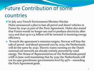 Future Contribution of some
countries
13
⚫ In July 2017 French Environment Minister Nicolas
Hulot announced a plan to ban all petrol and diesel vehicles in
France by 2040 as part of the Paris Agreement. Hulot also stated
that France would no longer use coal to produce electricity after
2022 and that up to €4 billion will be invested in boosting energy
efficiency.
⚫ Toreach the agreement's emission targets, Norway will ban the
saleof petrol- and diesel-powered cars by 2025; the Netherlands
will do the same by 2030. Electric trains running on the Dutch
national rail network are already entirely powered by wind
energy. The Houseof Representativesof the Netherlands passed
a bill in June 2018 mandating that by 2050 the Netherlands will
cut its 1990 greenhouse-gasemissions level by 95%—exceeding
the Paris Agreementgoals.
 