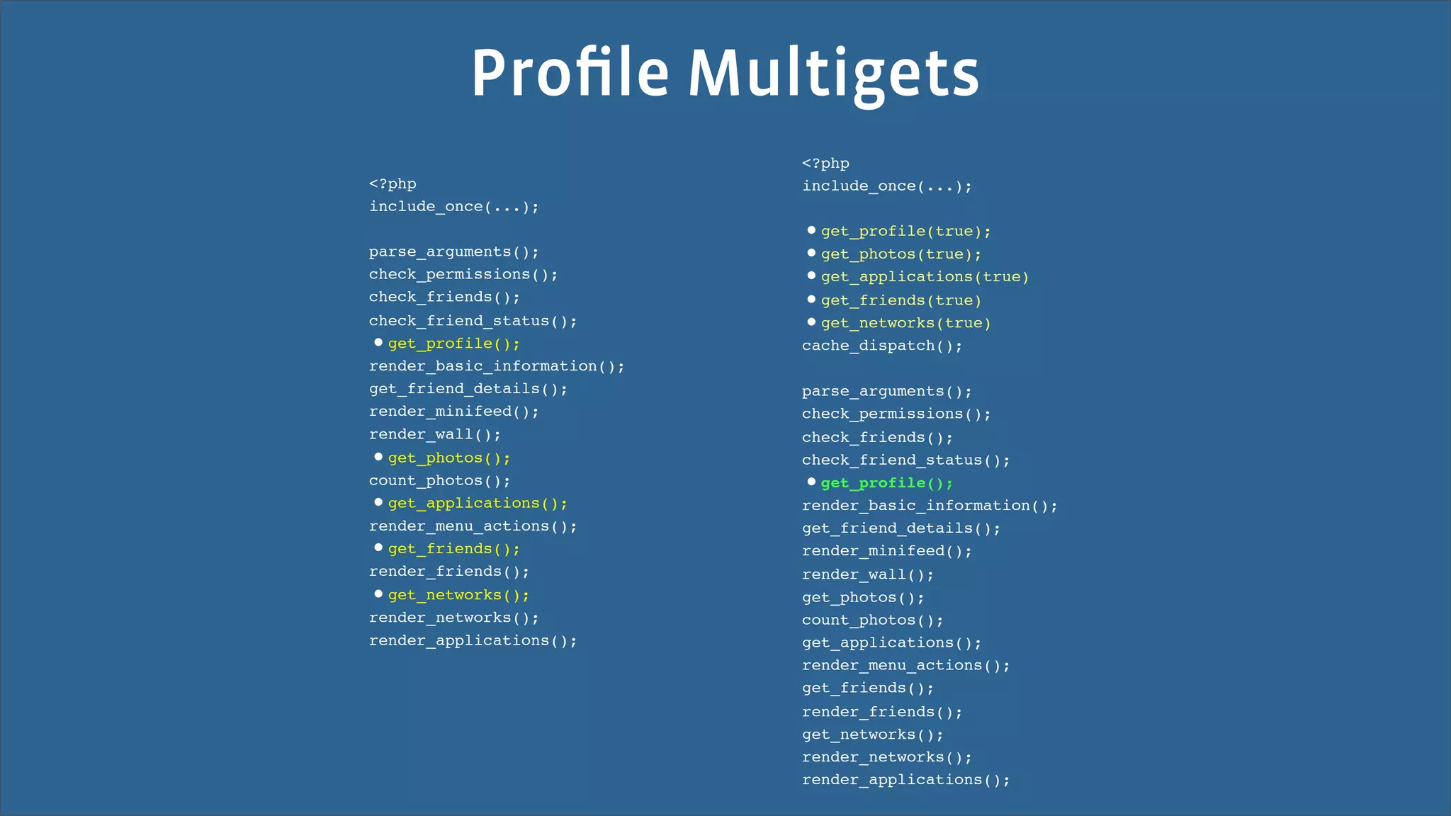 Proﬁle Multigets
                              <?php
<?php                         include_once(...);
include_once(...);
                              •get_profile(true);
parse_arguments();            •get_photos(true);
check_permissions();          •get_applications(true)
check_friends();
                              •get_friends(true)
check_friend_status();        •get_networks(true)
• get_profile();              cache_dispatch();
render_basic_information();
get_friend_details();         parse_arguments();
render_minifeed();            check_permissions();
render_wall();                check_friends();
• get_photos();               check_friend_status();
count_photos();               • get_profile();
• get_applications();         render_basic_information();
render_menu_actions();        get_friend_details();
• get_friends();              render_minifeed();
render_friends();             render_wall();
• get_networks();             get_photos();
render_networks();            count_photos();
render_applications();        get_applications();
                              render_menu_actions();
                              get_friends();
                              render_friends();
                              get_networks();
                              render_networks();
                              render_applications();
 