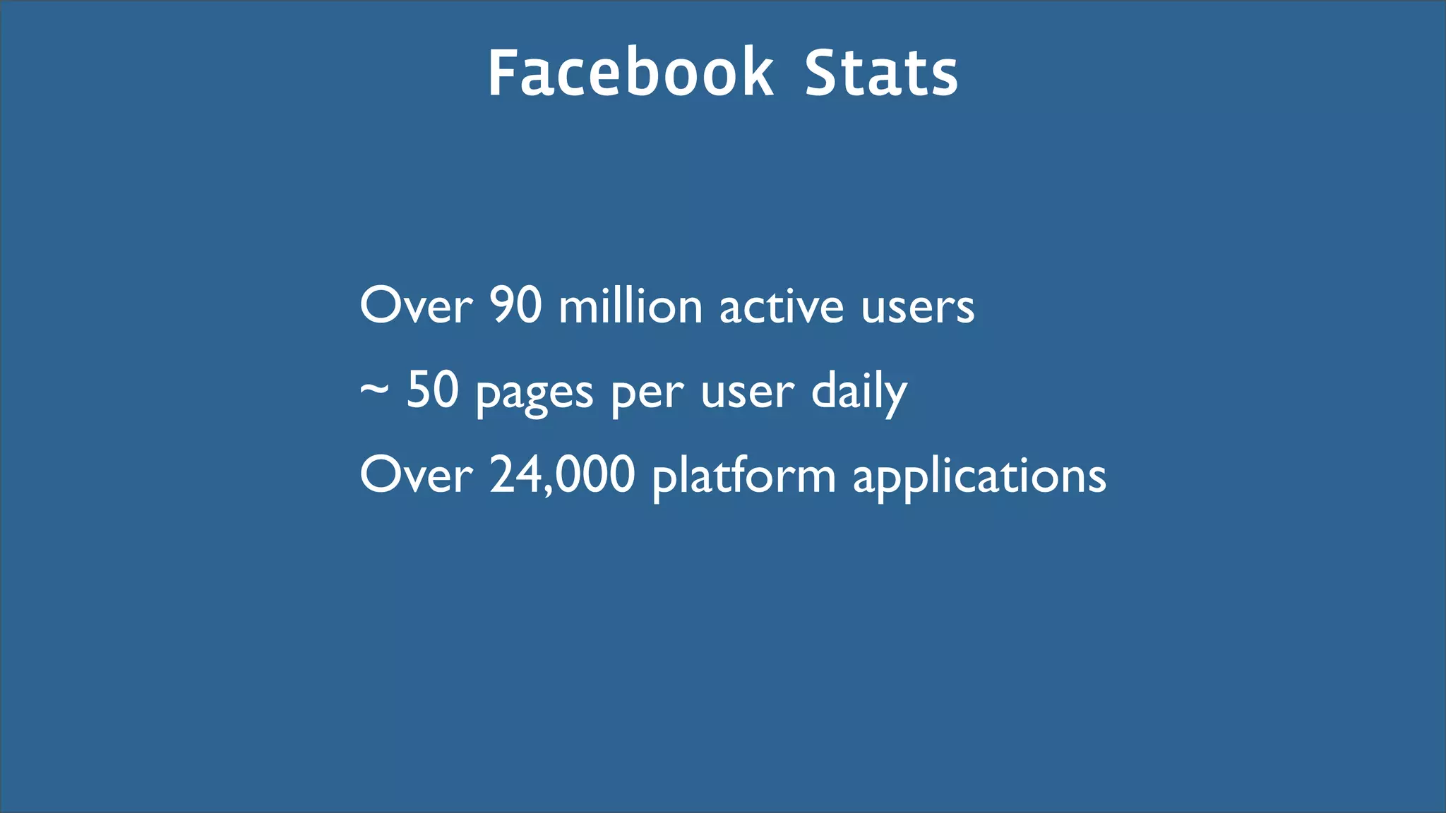 Facebook Stats


Over 90 million active users
~ 50 pages per user daily
Over 24,000 platform applications
 