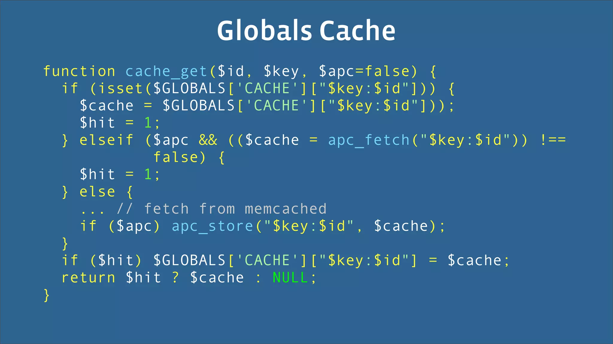 Globals Cache
function cache_get($id, $key, $apc=false) {
  if (isset($GLOBALS['CACHE']["$key:$id"])) {
    $cache = $GLOBALS['CACHE']["$key:$id"]));
    $hit = 1;
  } elseif ($apc && (($cache = apc_fetch("$key:$id")) !==
            false) {
    $hit = 1;
  } else {
    ... // fetch from memcached
    if ($apc) apc_store("$key:$id", $cache);
  }
  if ($hit) $GLOBALS['CACHE']["$key:$id"] = $cache;
  return $hit ? $cache : NULL;
}
 