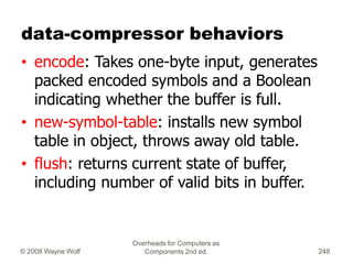 Overheads for Computers as
Components 2nd ed.
© 2008 Wayne Wolf 248
data-compressor behaviors
• encode: Takes one-byte inp...