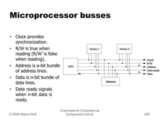 Microprocessor busses
• Clock provides
synchronization.
• R/W is true when
reading (R/W’ is false
when reading).
• Address...