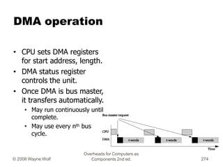 DMA operation
• CPU sets DMA registers
for start address, length.
• DMA status register
controls the unit.
• Once DMA is b...