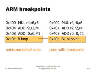ARM breakpoints
Overheads for Computers as
Components 2nd ed.
© 2008 Wayne Wolf 313
0x400 MUL r4,r6,r6
0x404 ADD r2,r2,r4
...