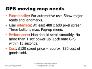 Overheads for Computers as
Components, 2nd ed.
© 2008 Wayne Wolf 35
GPS moving map needs
• Functionality: For automotive u...
