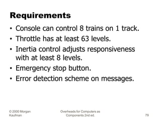 © 2000 Morgan
Kaufman
Overheads for Computers as
Components 2nd ed. 79
Requirements
• Console can control 8 trains on 1 tr...