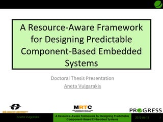 Aneta Vulgarakis
A Resource-Aware Framework
for Designing Predictable
Component-Based Embedded
Systems
Doctoral Thesis Presentation
Aneta Vulgarakis
1
A Resource-Aware Framework for Designing Predictable
Component-Based Embedded Systems
2012-06-15
 
