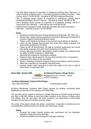 Page 4 of 6 (4.9.2016REV.01)
1.The Mall Sector (Sector A) comprised of underground parking area+ Mall area + 3
offices buildings (9 Stories each) + 1 furnished apartments building (9 stories) – Total
built up area is 115,553.00 SM. (Including 34,500 SM underground parking).
2.The 10 Buildings Sector (Sector B) comprised of underground parking area10
Residential Buildings (1B+G+11 Floors) – Total built up area is 109,894.00 SM.
3.The 6 Buildings Sector (Sector C) comprised of 6 residential buildings (1B+G+11
Floors each) and a Mosque. – Total built up area is 58,285.00 SM.
4.External works comprised of roads, landscape, boundary wall, external services &
deck area – Total built up area is 121,547.00 SM.
Duties:
 Assisting in Quality Assurance & keep tracking of all Submittals, RFI, NCR, etc...
 Review daily, weekly reports prepared by Contractors (Manpower & Progress) &
compare it against actual self-prepared reports.
 Follow up with General Contractor on procurement log & delivery of materials.
 Follow up with Signage Subcontractor and review their design proposals and
send recommendations to the Client.
 Follow up with ID Subcontractor (for Mall & Furnished Apartments) and review
their design proposals and send recommendations to the Client.
 Conduct site tours to monitor site progress, quality & safety, & to cooperate with
the safety & QA/QC Engineers in these fields.
 Attending both progress & coordination meetings.
 Prepare a daily internal report for the consultant activities & No. of inspections
 (Indicating action taken by the consultant).
 Assist in reviewing contractors progress invoices & consultant overtime invoices.
 Attend site inspection by Consultants, laboratory tests.
 Conduct random night inspections to check the quality of the work at night &
performance of supervision staff.
March 2006 – October 2006 Architectural Engineer  Design Section
Morganti Group Inc. Amman – Jordan
(A CCC Company)
- As-Samra Wastewater Treatment Plant Project.
Cost: US$ 169,000,000 Al Hashimeyyah-Jordan
As-Samra Wastewater Treatment Plant Project replaces the existing overloaded waste
Stabilization ponds with current capacity of 67.000m3/day.
The new plant will be capable of treating an average daily flow of 270,000 m3/day and peak
hour flow of 540.000 m3/day to serve two million residents of the Amman & Zarqa areas.
The effluent from the new plant will meet Jordanian and international environmental
standards for discharge into streams and river valleys.
The scope of the project includes the design, construction, & operation & maintenance of a
new wastewater treatment plant at As Samra near Hashimiyya, Jordan.
Duties:
 Prepared the project finished grading plan coordinated with the sidewalks,
footpaths, roads and surface drainage.
 Prepared complete road markings and road signs drawings.
 