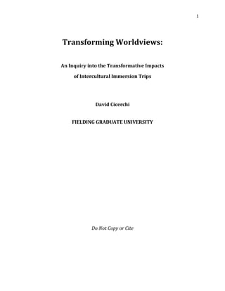 1
Transforming Worldviews:
An Inquiry into the Transformative Impacts
of Intercultural Immersion Trips
David Cicerchi
FIELDING GRADUATE UNIVERSITY
Do Not Copy or Cite
 