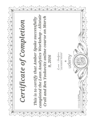Certificate of Completion Lean Analytics Workshop