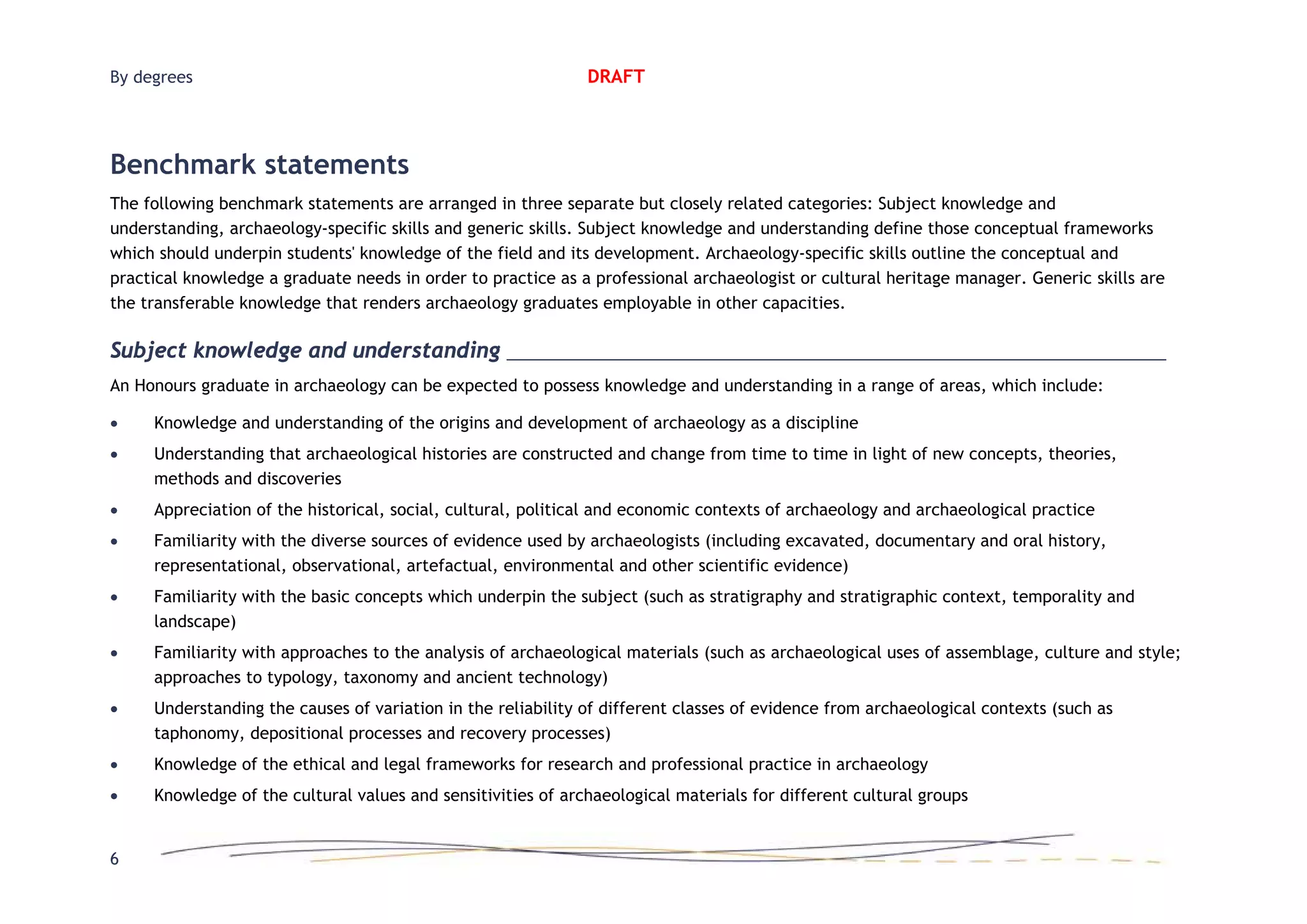 By degrees DRAFT
Benchmark statements
The following benchmark statements are arranged in three separate but closely related categories: Subject knowledge and
understanding, archaeology-specific skills and generic skills. Subject knowledge and understanding define those conceptual frameworks
which should underpin students' knowledge of the field and its development. Archaeology-specific skills outline the conceptual and
practical knowledge a graduate needs in order to practice as a professional archaeologist or cultural heritage manager. Generic skills are
the transferable knowledge that renders archaeology graduates employable in other capacities.
Subject knowledge and understanding
An Honours graduate in archaeology can be expected to possess knowledge and understanding in a range of areas, which include:
• Knowledge and understanding of the origins and development of archaeology as a discipline
• Understanding that archaeological histories are constructed and change from time to time in light of new concepts, theories,
methods and discoveries
• Appreciation of the historical, social, cultural, political and economic contexts of archaeology and archaeological practice
• Familiarity with the diverse sources of evidence used by archaeologists (including excavated, documentary and oral history,
representational, observational, artefactual, environmental and other scientific evidence)
• Familiarity with the basic concepts which underpin the subject (such as stratigraphy and stratigraphic context, temporality and
landscape)
• Familiarity with approaches to the analysis of archaeological materials (such as archaeological uses of assemblage, culture and style;
approaches to typology, taxonomy and ancient technology)
• Understanding the causes of variation in the reliability of different classes of evidence from archaeological contexts (such as
taphonomy, depositional processes and recovery processes)
• Knowledge of the ethical and legal frameworks for research and professional practice in archaeology
• Knowledge of the cultural values and sensitivities of archaeological materials for different cultural groups
6
 