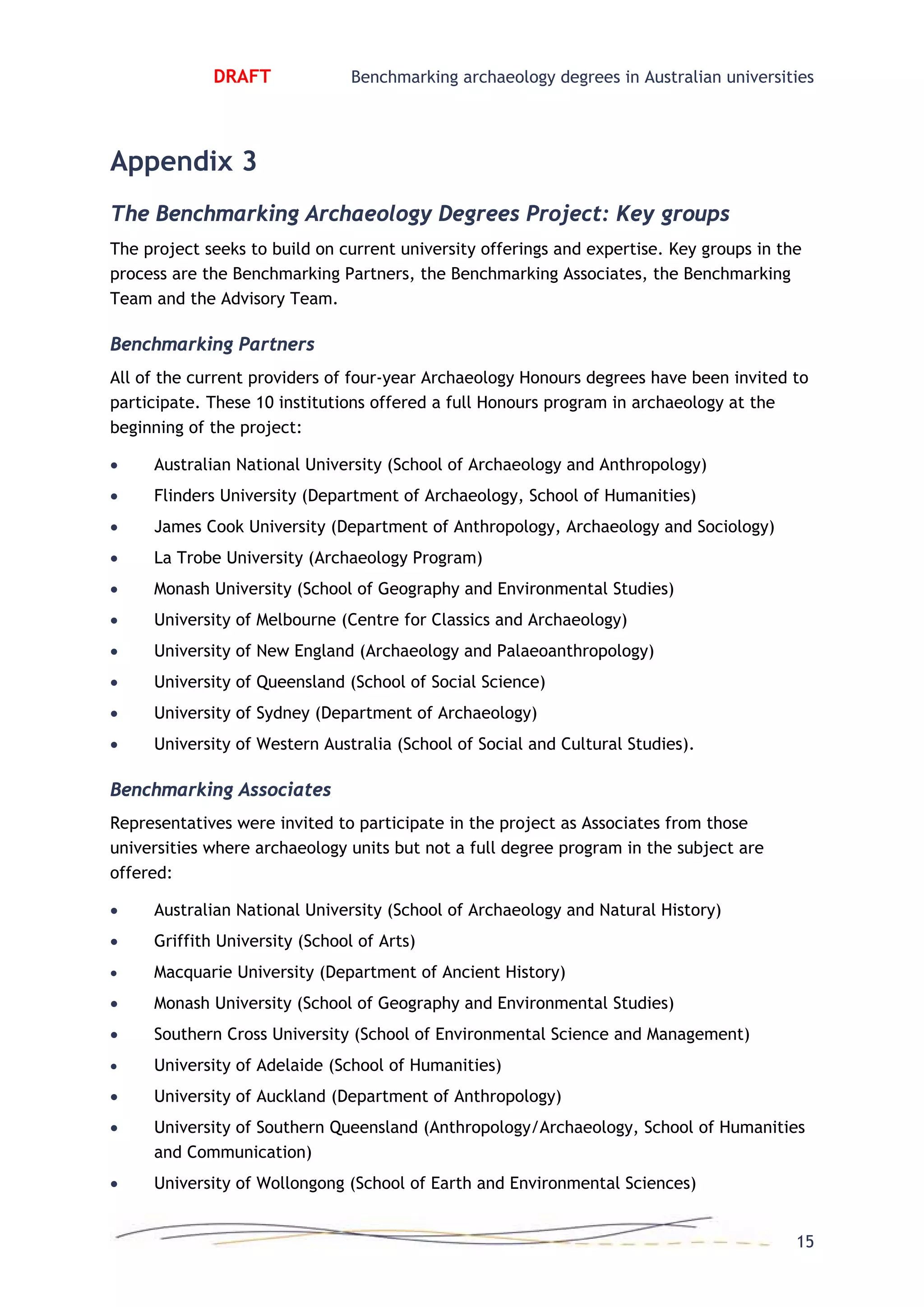 DRAFT Benchmarking archaeology degrees in Australian universities
Appendix 3
The Benchmarking Archaeology Degrees Project: Key groups
The project seeks to build on current university offerings and expertise. Key groups in the
process are the Benchmarking Partners, the Benchmarking Associates, the Benchmarking
Team and the Advisory Team.
Benchmarking Partners
All of the current providers of four-year Archaeology Honours degrees have been invited to
participate. These 10 institutions offered a full Honours program in archaeology at the
beginning of the project:
• Australian National University (School of Archaeology and Anthropology)
• Flinders University (Department of Archaeology, School of Humanities)
• James Cook University (Department of Anthropology, Archaeology and Sociology)
• La Trobe University (Archaeology Program)
• Monash University (School of Geography and Environmental Studies)
• University of Melbourne (Centre for Classics and Archaeology)
• University of New England (Archaeology and Palaeoanthropology)
• University of Queensland (School of Social Science)
• University of Sydney (Department of Archaeology)
• University of Western Australia (School of Social and Cultural Studies).
Benchmarking Associates
Representatives were invited to participate in the project as Associates from those
universities where archaeology units but not a full degree program in the subject are
offered:
• Australian National University (School of Archaeology and Natural History)
• Griffith University (School of Arts)
• Macquarie University (Department of Ancient History)
• Monash University (School of Geography and Environmental Studies)
• Southern Cross University (School of Environmental Science and Management)
• University of Adelaide (School of Humanities)
• University of Auckland (Department of Anthropology)
• University of Southern Queensland (Anthropology/Archaeology, School of Humanities
and Communication)
• University of Wollongong (School of Earth and Environmental Sciences)
15
 